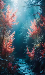 some red trees a stream and some water