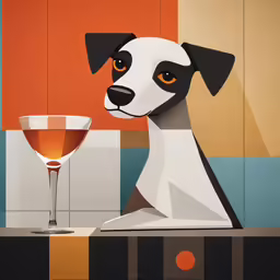 dog sitting in front of wine glass with geometric background