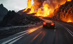 a car driving down a road near a large pile of rocks
