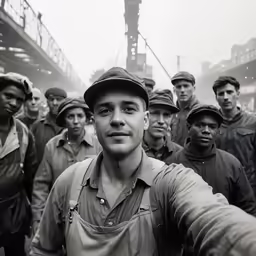 black and white image of worker with arms raised