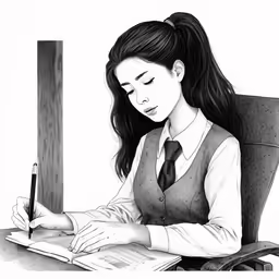 a woman is sitting at a desk writing in a book