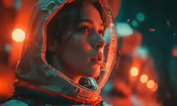 a girl is staring ahead wearing a raincoat and lights