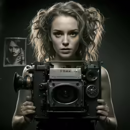 a woman with long hair holding a camera