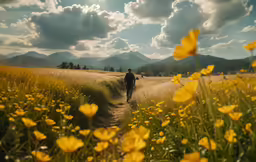 person walking through tall grass with wild flowers in the foreground