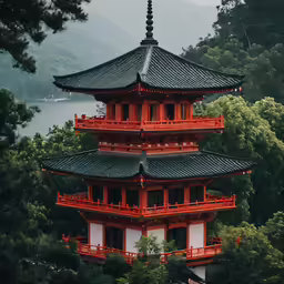 an ornate pagoda overlooks the scenic mountains