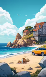 a cartoon depicting a yellow suv parked on the beach