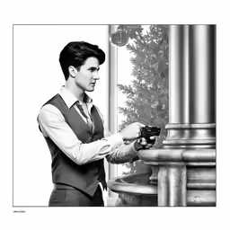 a young man holding an electronic device next to a tall column