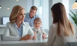 woman and two children talking with an agent