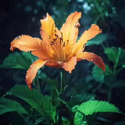 an orange flower stands out against a background of green leaves