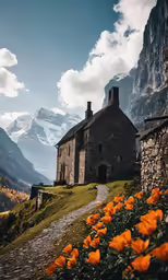 a stone house sits on the mountain side in a scenic location