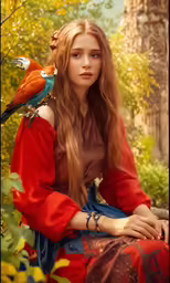 the girl with three parrots on her shoulder