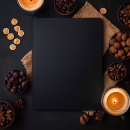 a black book surrounded by nuts, an orange candle and other food items