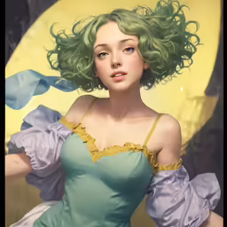 a beautiful lady with green hair standing near a half moon