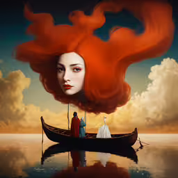 a woman with long red hair stands on a boat,a woman on a boat with a man and dog in it