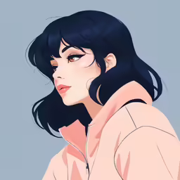 a woman in a pink sweater with black hair
