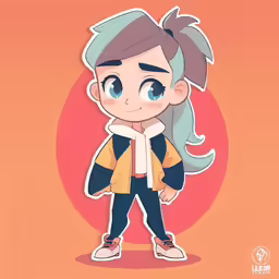 a character illustration with a blue hair and white shirt on