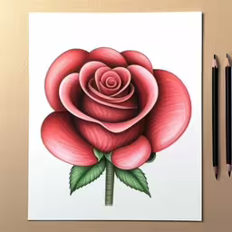 a pink flower on a card next to some black pencils,a drawing of a red rose on white paper