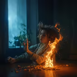 a person sits in front of a fire and a plant