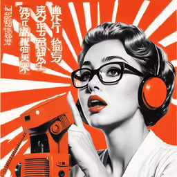 an art print featuring a woman with headphones, an radio and an orange background