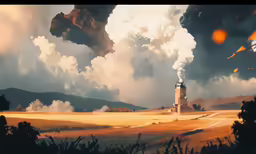 the painting shows an island with large towers that are shaped like clouds