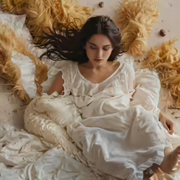 a woman is laying on a bed covered in messy clothes