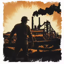 a man walking through a dirt field next to a factory