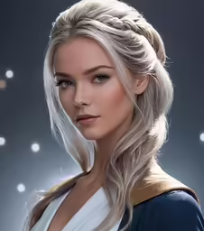 a blonde woman in white dress looking directly ahead