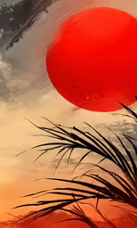 red balls in the sky over some plants