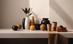 a group of vases sitting on top of a white table
