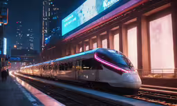 a train is traveling down a train tracks with lights on,a long train on tracks at night with skyscrapers