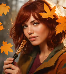 a woman holding autumn leaves and looking at the camera,a young woman with fall colored leaves around her