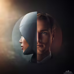 a poster of a man and woman in suits