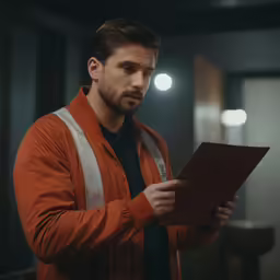 a man holding something while looking at it