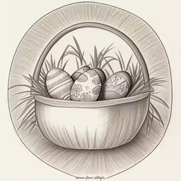 an easter basket filled with eggs is on a plate,an illustration of a bowl with painted easter eggs in it