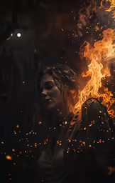 woman in fire and black background, face covered by water