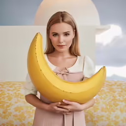 there is a young woman that is holding a giant banana
