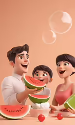 an animated family sits in front of some watermelon