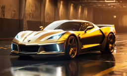 a gold chevrolet sports car on wet road