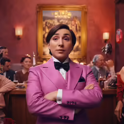 there is a man wearing a suit and bow tie at a bar