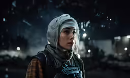 the woman in the hood is walking away from the camera
