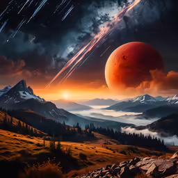 a planet with mountains, trees, and lights