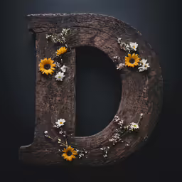 the letter d is decorated with wildflowers and daisies
