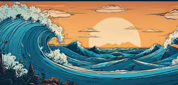 a painting of the ocean and sun at sea,an orange sunset illuminates the wake of a large wave