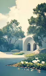 a white house is in the middle of a garden