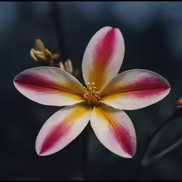an orchid blooming from a stem on dark background