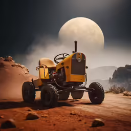 a tractor on the ground with some rocks