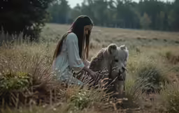 woman in white dress petting a pony near a field