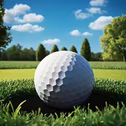 a ball of golf on a green lawn