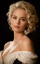 a blond haired woman wearing a white dress posing for a photo
