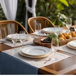 white plates and silverware are on the brown wooden table